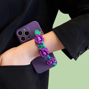 Pro Max紫色12斜挎11 Promax背带Air 适用iPhone17手机壳16苹果15 Plus编织小花手腕带13 XR软se 7P套XS