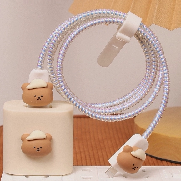 萌趣可爱小熊适用苹果13数据线保护套20w手机充电器头12软壳14了