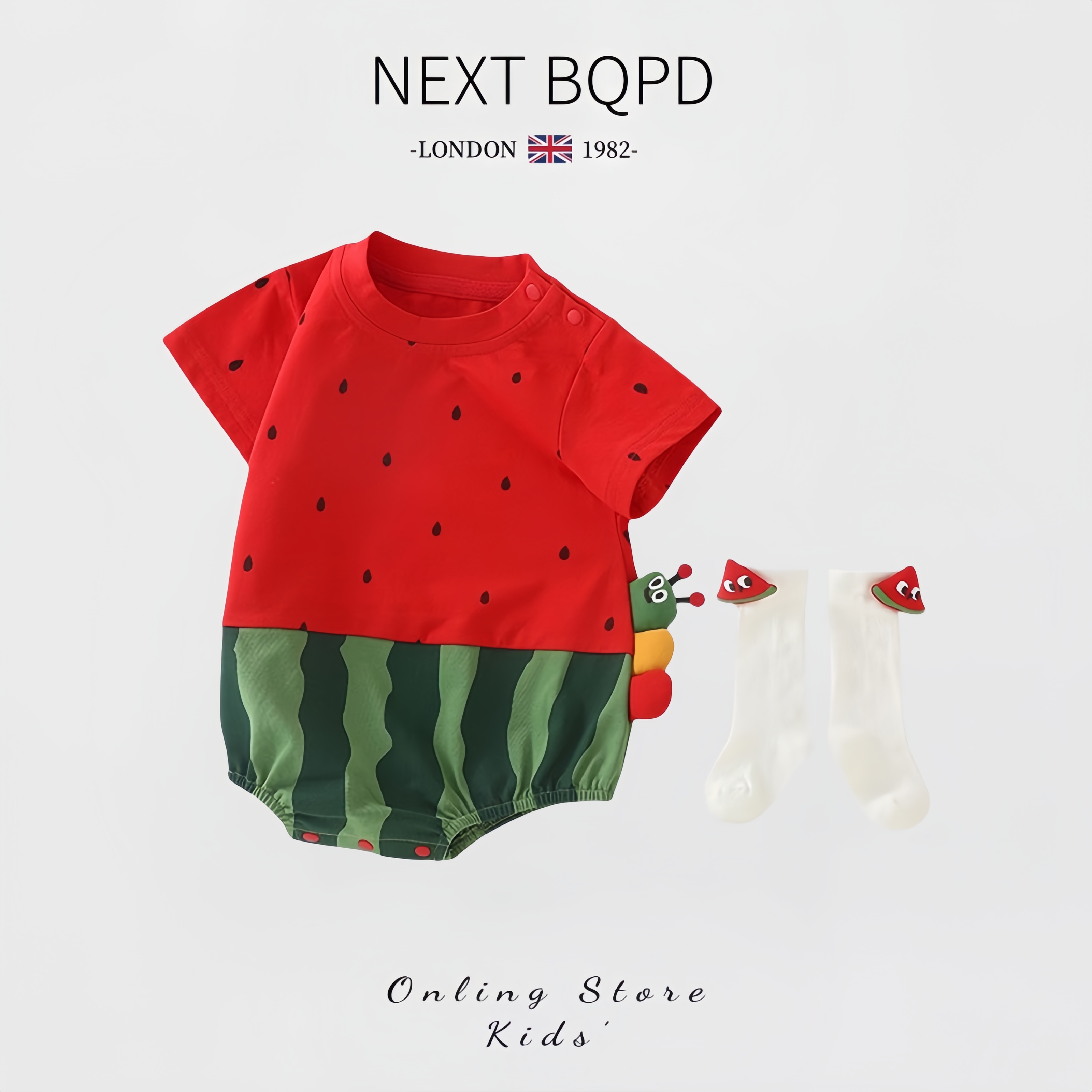 英国NEXT西瓜婴儿包屁衣夏季纯棉男宝宝满月卡通连体衣外出服