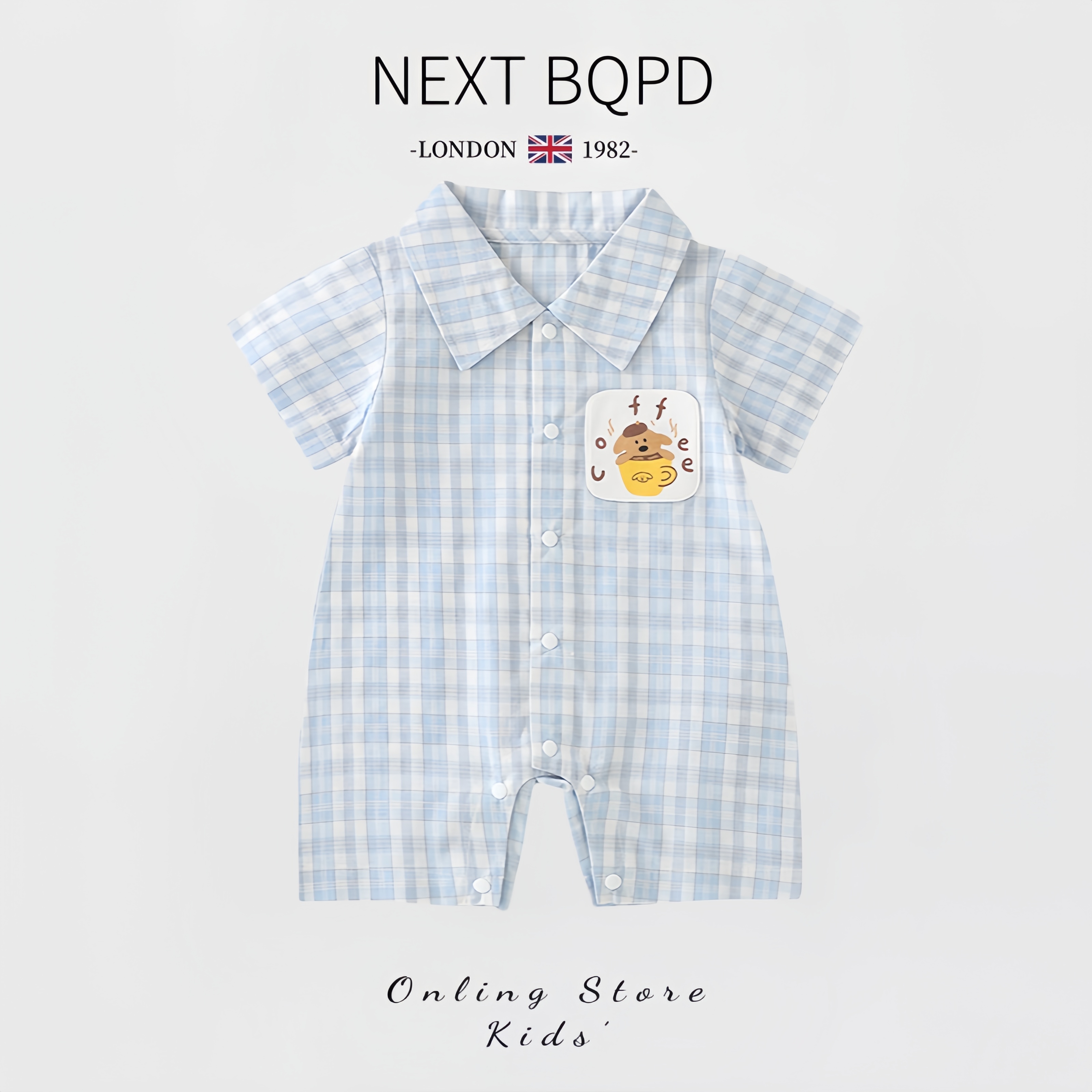 英国NEXTBQPD婴儿格子衬衫连体衣夏季纯棉男宝宝卡通爬服休闲外出