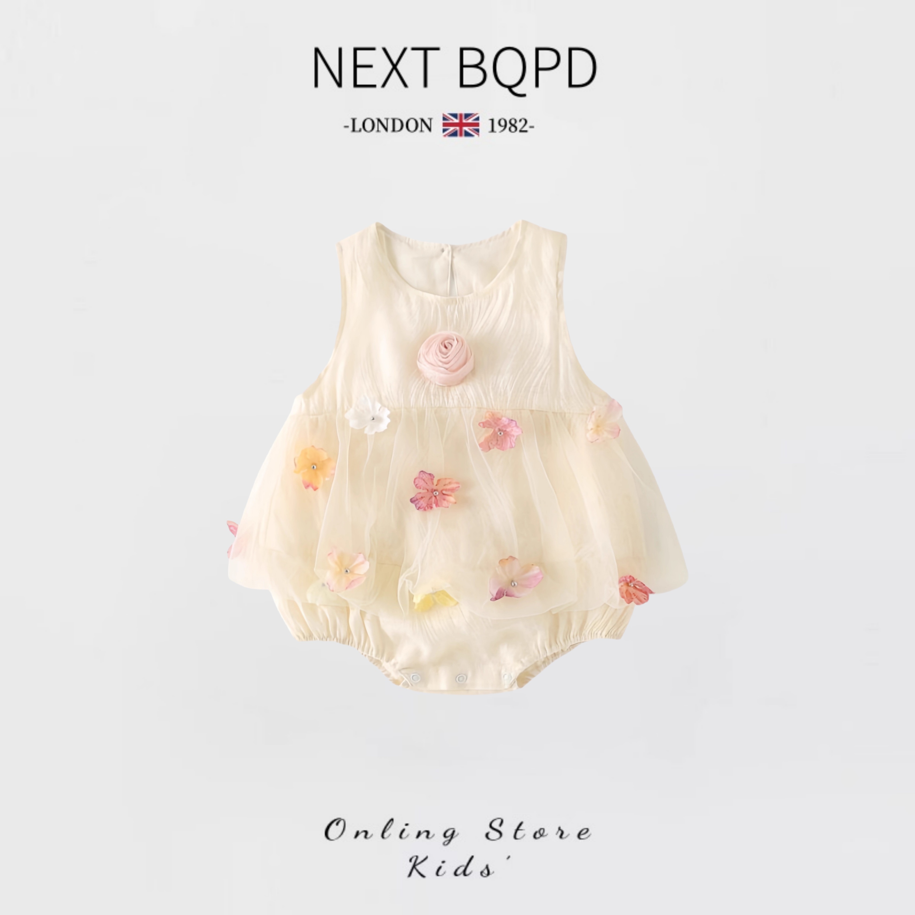 英国NEXT婴儿花朵包屁裙夏季百天女宝宝连体衣网纱公主裙周岁礼服