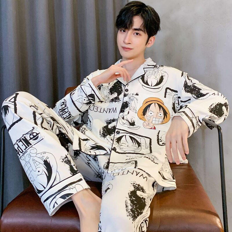 2025新款睡衣男士春秋季纯棉长袖薄款青少年卡通海贼王家居服套装