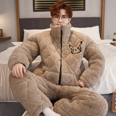 睡衣男士秋冬季三层夹棉加厚加绒珊瑚绒保暖青少年男款家居服套装