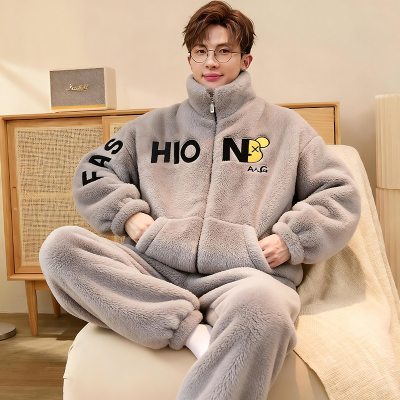 睡衣男士珊瑚绒秋冬季加厚加绒青少年保暖法兰绒高级感家居服套装