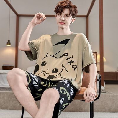 睡衣男士夏季莫代尔冰丝薄款青少年男生卡通皮卡丘夏天家居服套装