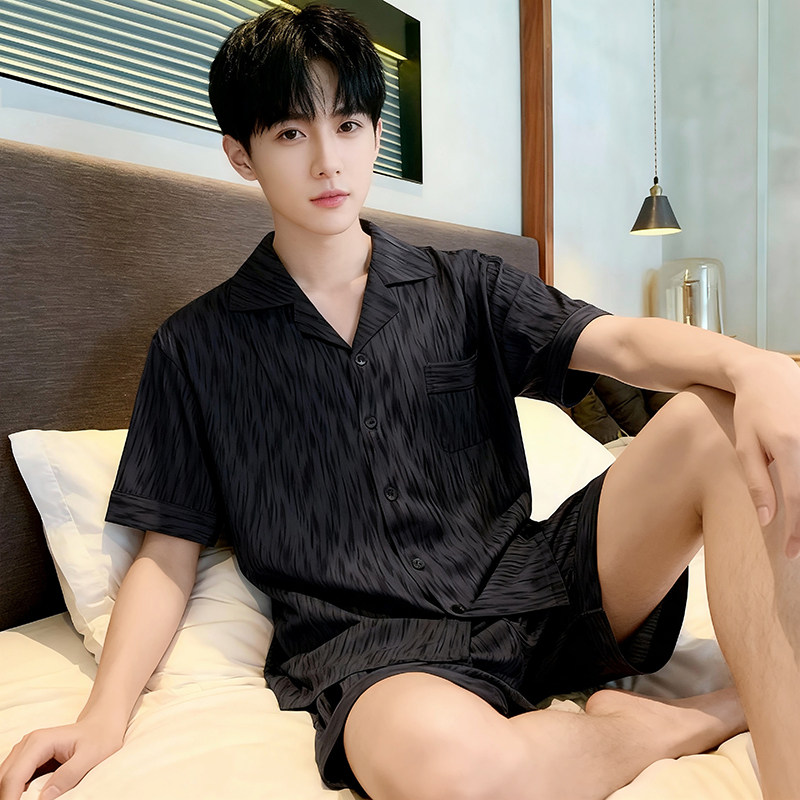 夏季睡衣男士冰丝短袖短裤青少年男生夏天薄款黑色条纹家居服套装,女士内衣/男士内衣/家居服,睡衣/家居服套装,淘宝优惠券,粉丝福利购,淘宝优惠卷