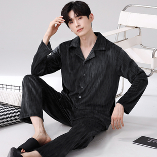 青少年黑色保暖家居服套装 2025新款 海岛绒条纹长袖 秋冬季 睡衣男士