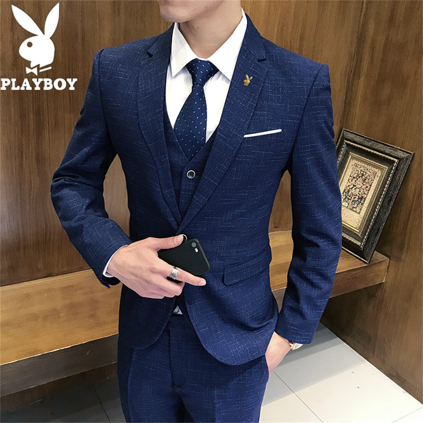 花花公子西服套装男士修身商务休闲高级感职业正装新郎结婚礼服潮
