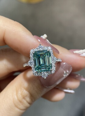 云同珠宝新品S925银镀金8x10mm4克拉绿色莫桑钻戒指跨境电商热销