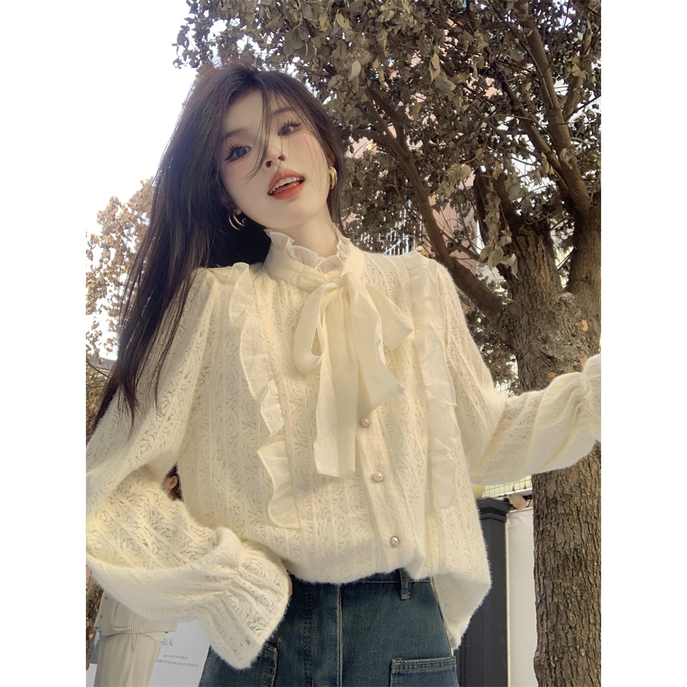 小香风蝴蝶结蕾丝衬衫女秋季高级感内搭打底上衣衬衣春装2025新款