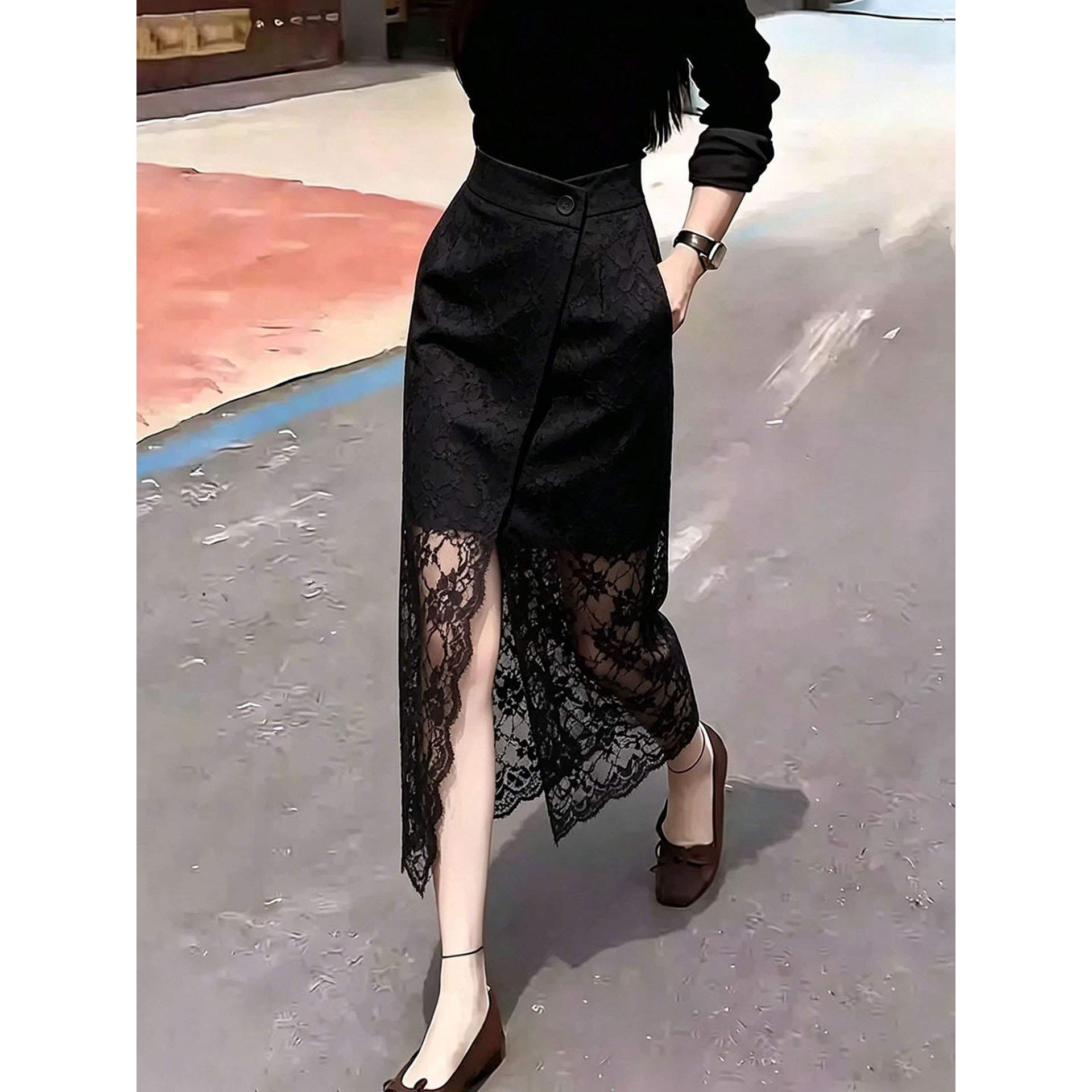 黑色高腰开叉蕾丝半身裙女2026夏季流行新款时尚气质轻熟优雅半裙