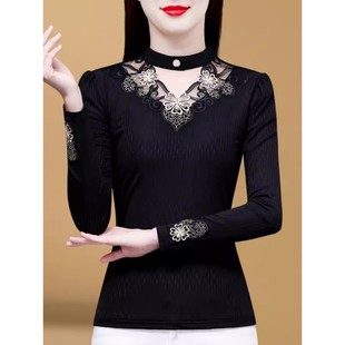 黑色长袖 女收腰显瘦加绒加厚百搭上衣 蕾丝镂空钉珠刺绣洋气打底衫
