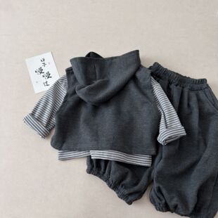 【三件套】2026秋季高级灰男女童三件套马甲打底裤子百搭套装
