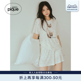 pique24春夏新品 gelato 女睡衣套装 猫咪波点T恤短裤 PWCT242369