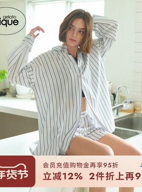 gelato pique25春夏新品女睡衣宽松廓形可外穿条纹衬衫PWFT251255
