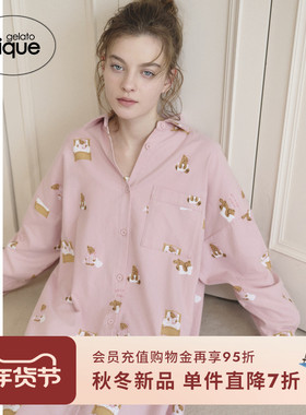 gelato pique25秋冬新品女睡裙晚安小熊满印衬衫连衣裙PWFO254369