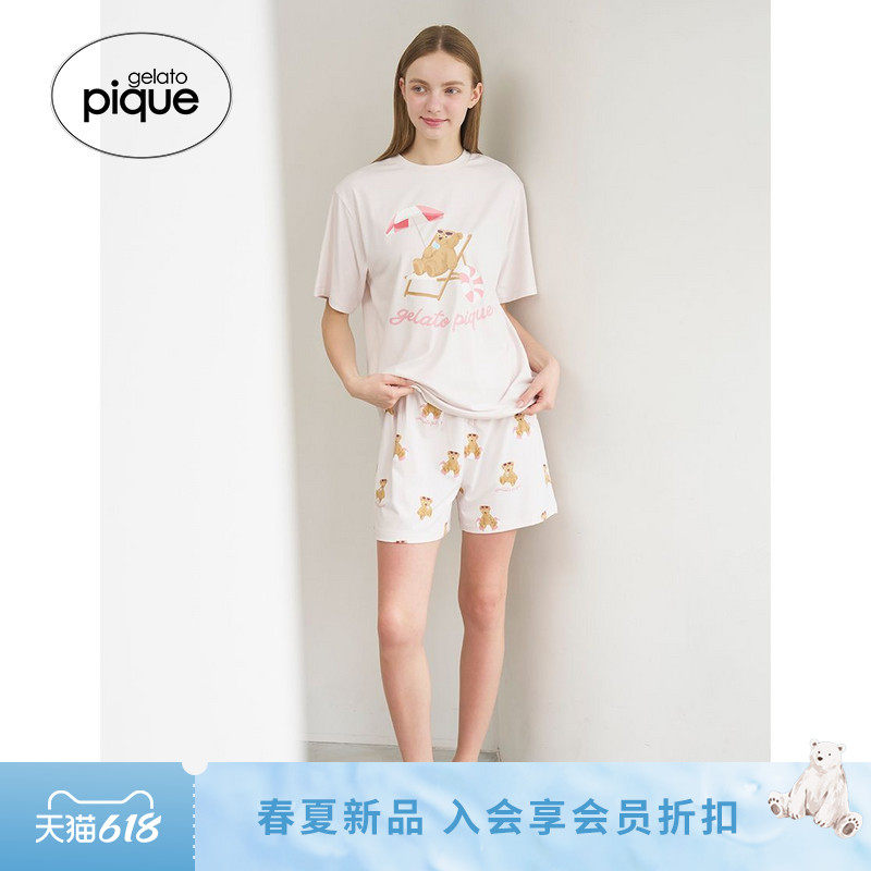 gelato pique26春夏新品女睡裤夏日小熊满印系带短裤PWCP262248