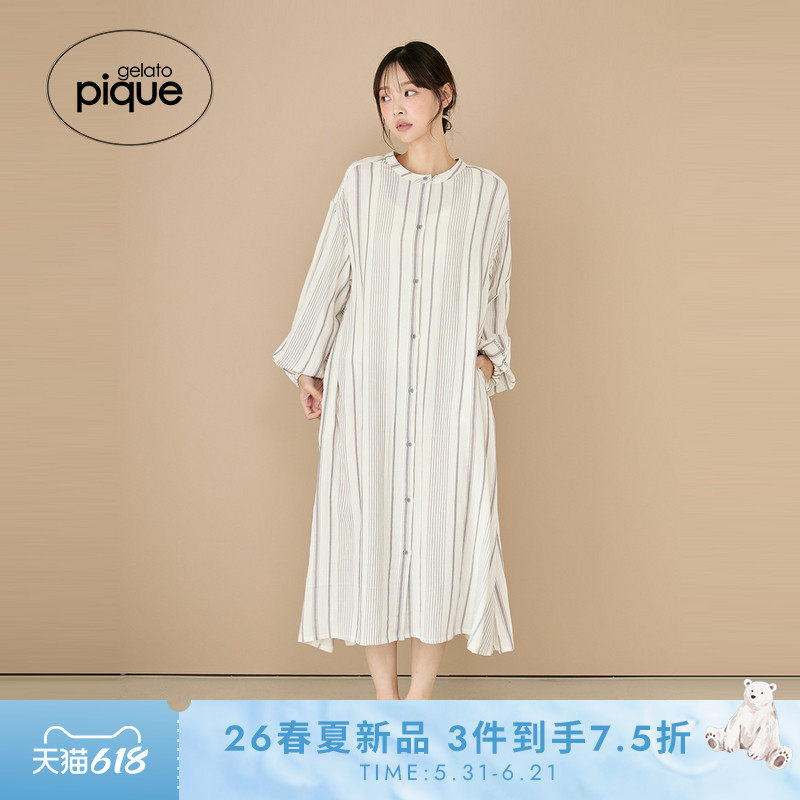gelato pique26春夏新品女睡裙纯色条纹长袖衬衫连衣裙PWFO261338