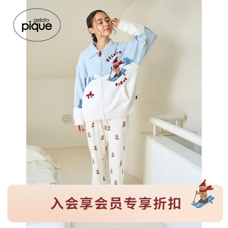 gelato pique25秋冬新品女睡裤滑雪小熊满印系带长裤PWCP255253