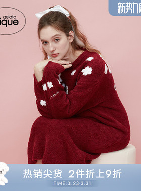 gelato pique秋冬女睡裙本命年红繁花半边绒长裙PWNO245185