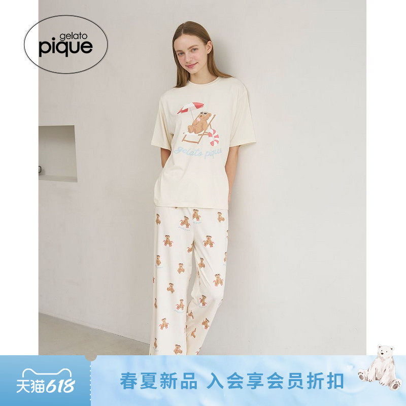 gelato pique26春夏新品女睡裤夏日小熊满印系带长裤PWCP262347
