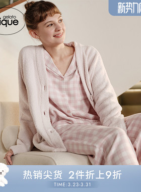 gelato pique秋冬女睡衣简约格纹长袖衬衫居家PWFT245284