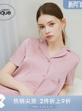 gelato pique秋冬女睡衣缎面草莓刺绣短袖衬衫PWFT244326
