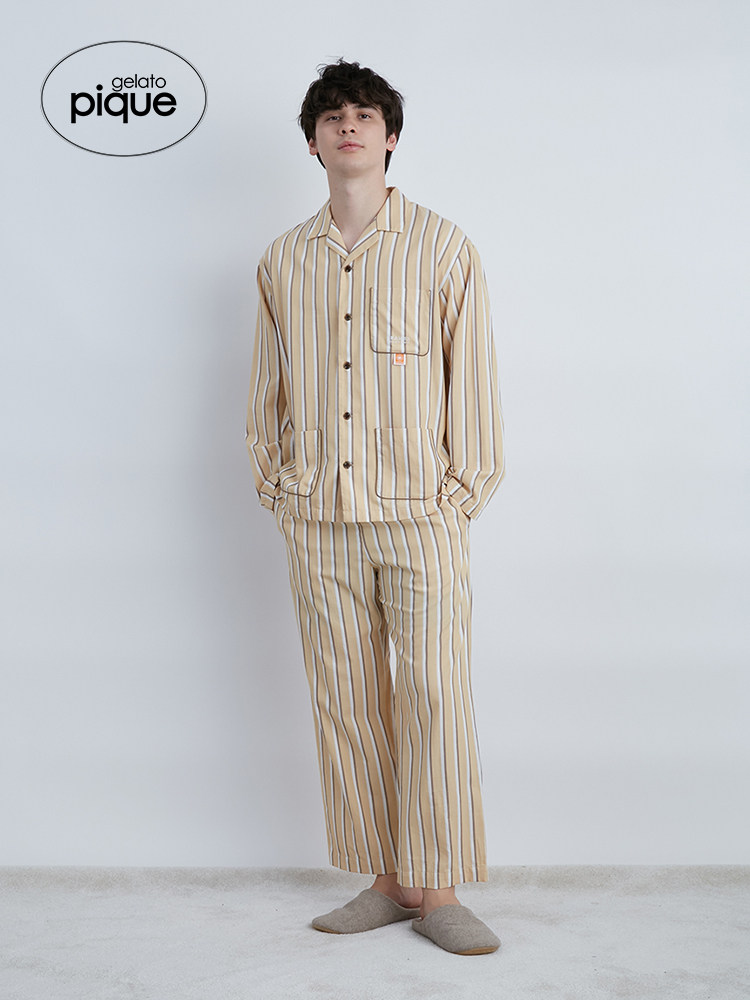 GELATO PIQUE AUTUMN COUPLE PAJAMAS EAMES STRIPED COTTON SHIRT PMFT224961