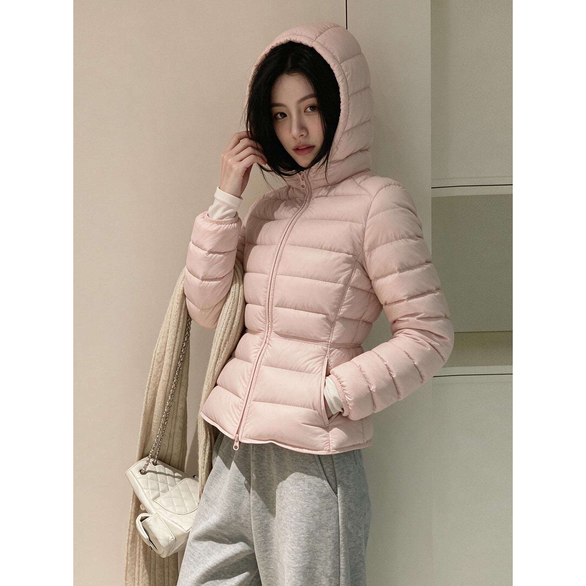 小龙家90白鸭绒连帽排骨款小蛮腰外套羽绒服女短款收腰显瘦修身20