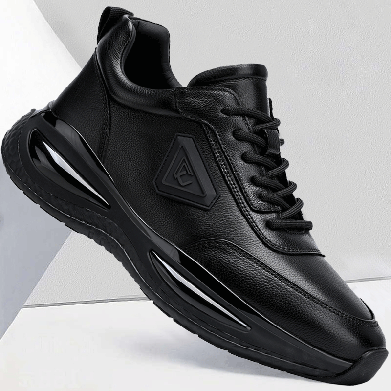 高端气垫黑色厚底平跟圆头皮鞋