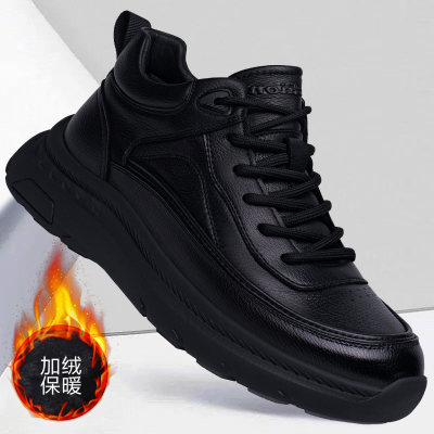 男鞋冬季加绒保暖新款真皮厚底防滑高帮休闲百搭男士运动棉鞋子潮