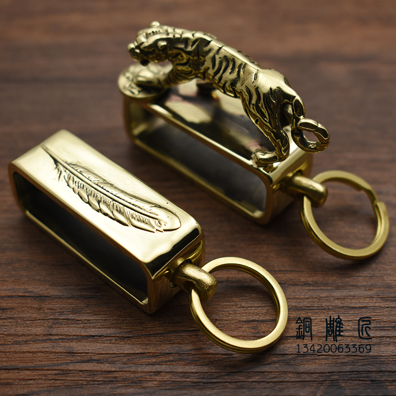 纯铜貔貅穿皮带式钥匙扣男士裤腰带挂双层真牛皮汽车钥匙锁环链