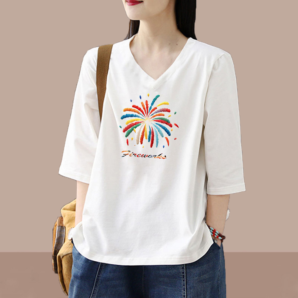 V领宽松大码七分袖体恤上衣