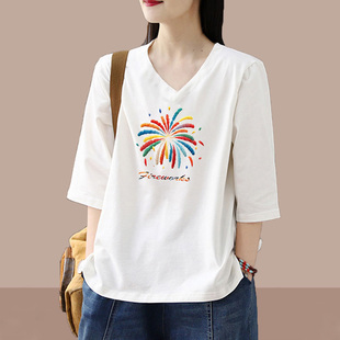 外贸欧货V领宽松大码 体恤上衣 设计感100%纯棉显瘦文艺洋气七分袖