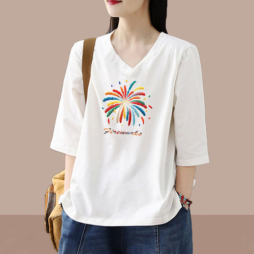 V领宽松大码七分袖体恤上衣