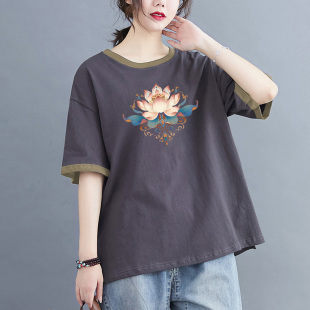 新中式 清仓捡漏纯棉短袖 拼接撞色大码 新款 文艺圆领内搭 T恤女夏季
