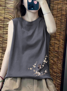 纯棉无袖吊带背心女夏季小众文艺新中式灰色圆领外穿打底衫女上衣