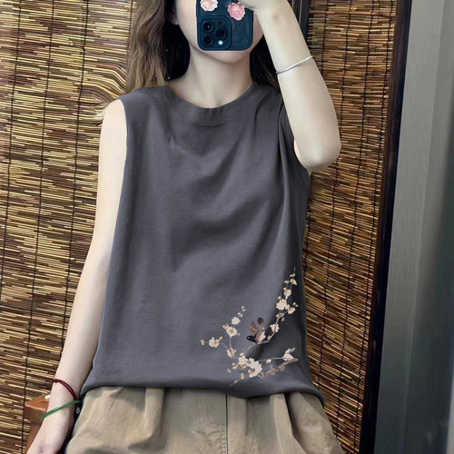 纯棉无袖吊带背心女夏新中式灰色