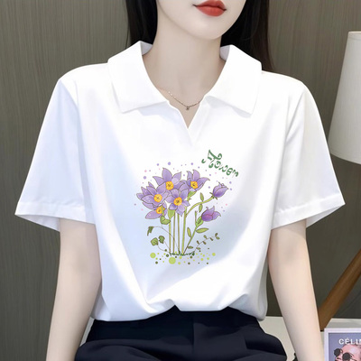 Polo翻领T恤印花时尚宽松上衣女