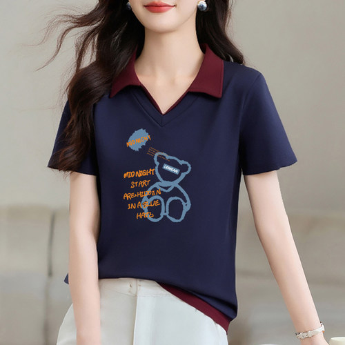 纯棉拼色短袖翻领T恤上衣女撞色