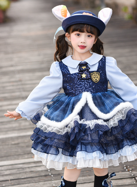 女童洛丽塔兔子警官连衣裙蓝色长袖蛋糕裙洋气公主裙蓬蓬裙学院风