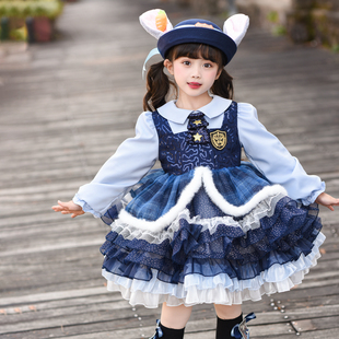 女童洛丽塔兔子警官连衣裙蓝色长袖蛋糕裙洋气公主裙蓬蓬裙学院风