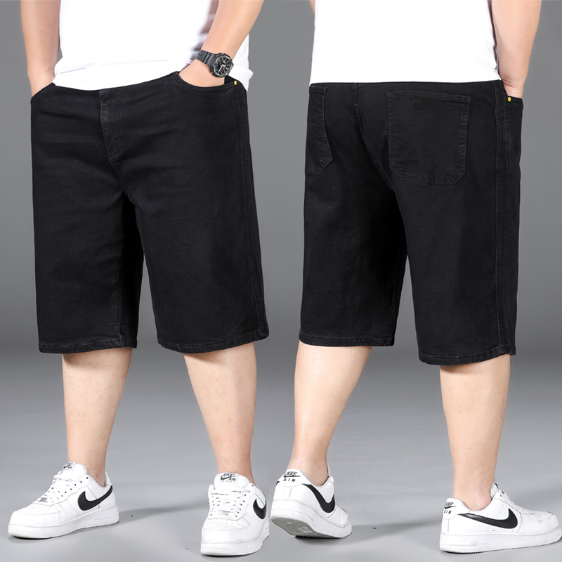 夏季薄款牛仔短裤男宽松中裤加肥加大码肥佬五分裤纯黑色马裤2025