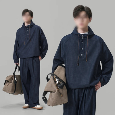 今年流行特惠春秋季简约时尚牛仔连帽卫衣套装男宽松休闲卫裤高级