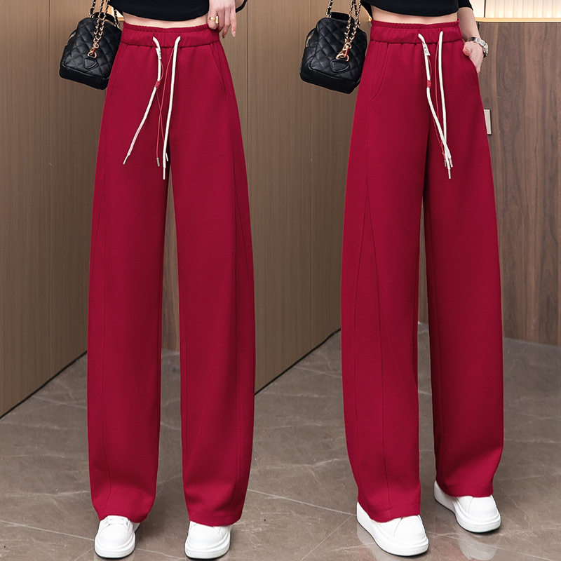 今年流行特惠红色松紧腰弯刀卫裤女春秋季2026新款抽绳休闲垂坠感