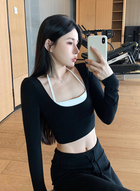 JumpingCat裸感撞色假两件瑜伽服长袖女带胸垫运动透气健身服上衣