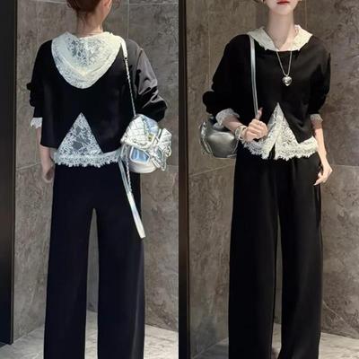 时尚套装裙女2025春季新款洋气连帽蕾丝背心长袖卫衣半身裙三件套