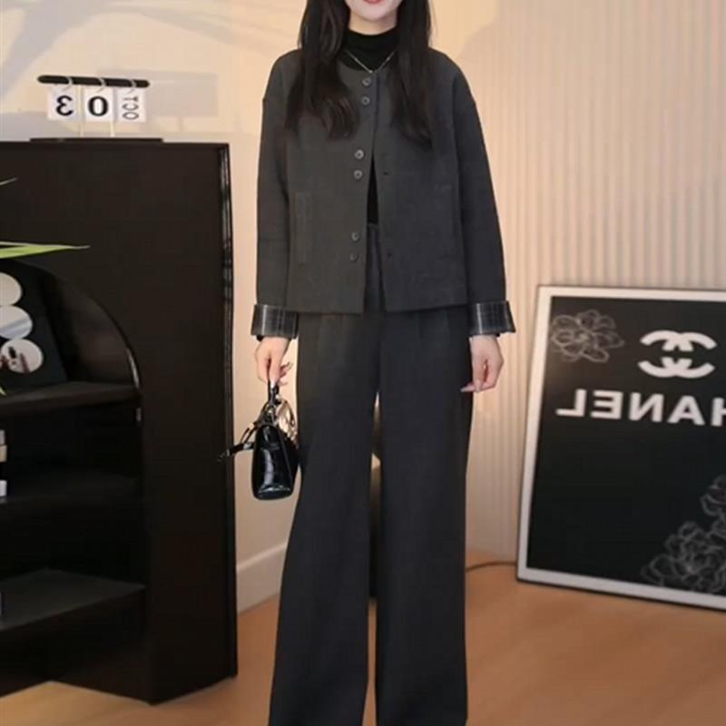 时尚套装女2025秋冬新款洋气显瘦毛呢外套阔腿裤减龄两件套