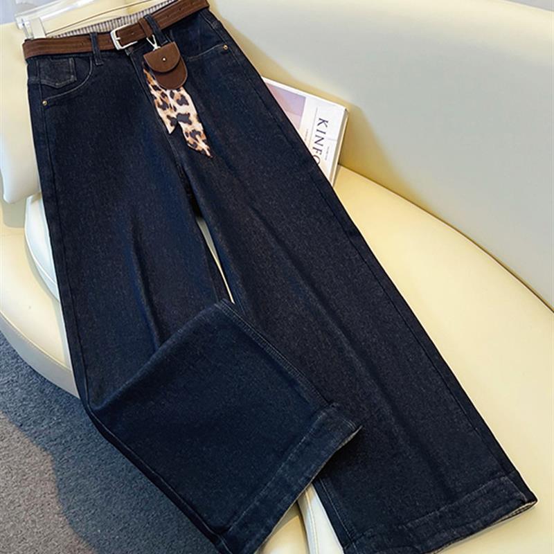 丹宁蓝高腰阔腿牛仔裤女2025秋冬款加绒显瘦高级感百搭直筒九分裤