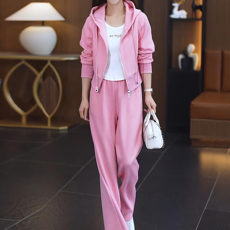时尚休闲套装女春秋季新款韩版宽松休闲开衫连帽卫衣阔腿裤两件套